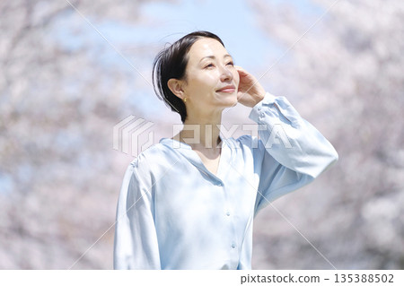 與盛開的櫻花一起散步的女人 135388502