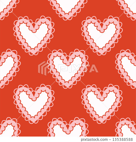 Vector seamless pattern with decorative hearts in a whimsical doodle style. Romantic pink and red design inspired by folk art, perfect for Valentines Day, wrapping paper, textiles, and branding Vector seamless pattern with decorative hearts in a whimsical doodle style. Romantic pink and red design inspired by folk art, perfect for Valentines Day, wrapping paper, textiles, and branding 135388588
