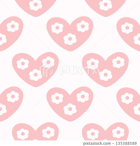 Vector seamless pattern with decorative hearts in a whimsical doodle style. Romantic pink and red design inspired by folk art, perfect for Valentines Day, wrapping paper, textiles, and branding 135388589