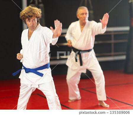 Middle-aged karateka practicing punches in dojo Middle-aged karateka practicing punches in dojo 135389006