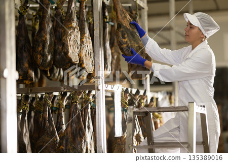 female worker checks the quality of jamon in a factory female worker checks the quality of jamon in a factory 135389016