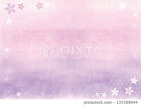 Pink to purple watercolor texture background decorated with cherry blossoms and Japanese patterns 135389044