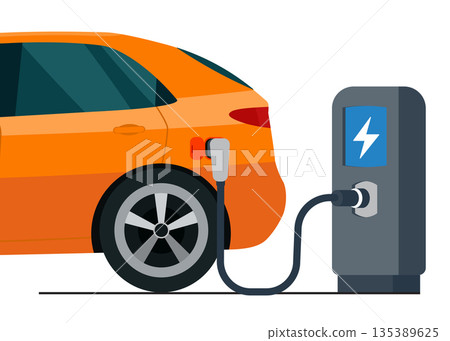 Electric Car Plugged into the Charging Station stock illustration 135389625