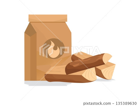 Paper bag of coal and firewood stock illustration 135389630