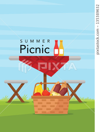 Summer picnic and picnic basket with fruits and dessert stock illustration 135389632