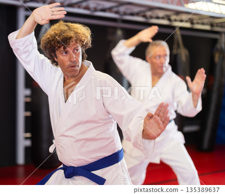Middle-aged karateka practicing punches in dojo Middle-aged karateka practicing punches in dojo 135389637