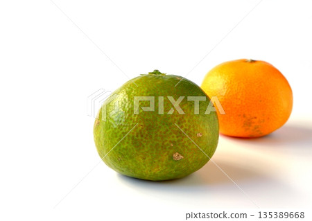 白色背景上的成熟和未成熟的柑橘 135389668