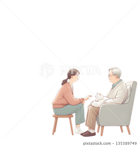 溫柔的照顧插圖，描繪了一位照顧者照顧一位老人和一隻貓的場景（透明背景） 135389749