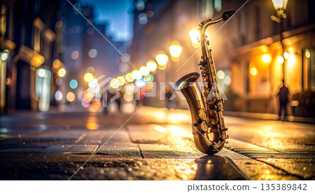 夜晚的城市裡,薩克斯風和散景燈光交相輝映。 夜晚的城市裡,薩克斯風和散景燈光交相輝映。 135389842