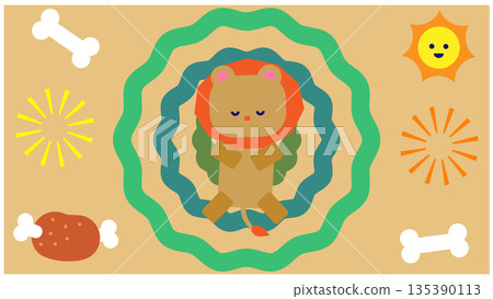 The lion character, surrounded by the sun and patterns, conveys a joyful, exciting, and positive worldview. The lion character, surrounded by the sun and patterns, conveys a joyful, exciting, and positive worldview. 135390113