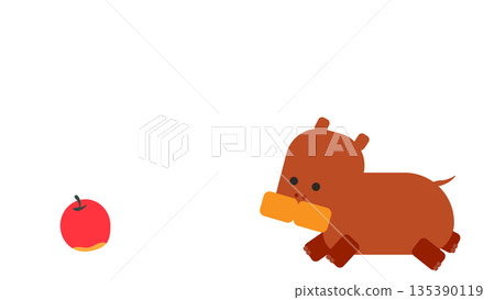 An illustration of desire, action, and challenge expressed by a hippopotamus character chasing an apple An illustration of desire, action, and challenge expressed by a hippopotamus character chasing an apple 135390119