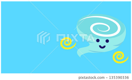 A cute weather illustration of a smiling typhoon approaching in the sky A cute weather illustration of a smiling typhoon approaching in the sky 135390336