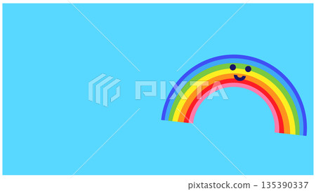 A cute weather illustration of a sky blue sky with a smiling rainbow A cute weather illustration of a sky blue sky with a smiling rainbow 135390337