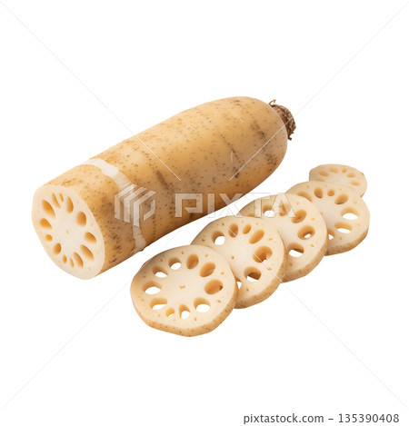 Whole lotus root and sliced lotus root 135390408