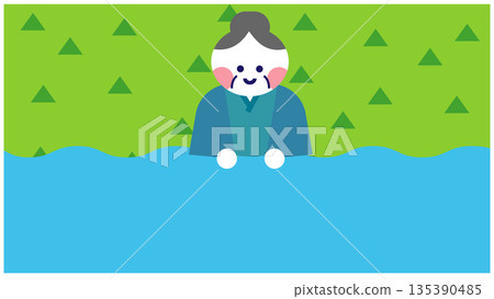 Illustration from a Japanese folk tale depicting Momotaro's grandmother washing clothes in the river Illustration from a Japanese folk tale depicting Momotaro's grandmother washing clothes in the river 135390485