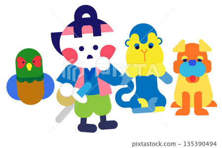 An illustration from a Japanese folktale depicting Momotaro and his friends looking anxious in front of Onigashima Island An illustration from a Japanese folktale depicting Momotaro and his friends looking anxious in front of Onigashima Island 135390494