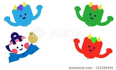 A cute Japanese folktale illustration of Momotaro with his treasure and reformed demons A cute Japanese folktale illustration of Momotaro with his treasure and reformed demons 135390495