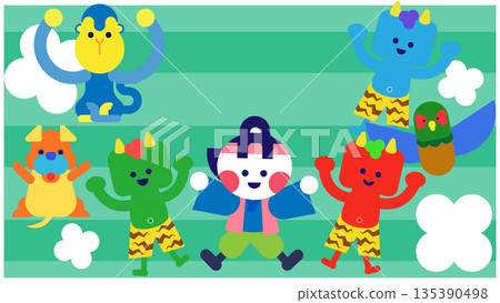 一幅描繪桃太郎和他的朋友們以及妖怪們一起跳舞的日本民間故事插圖，結局圓滿。 135390498