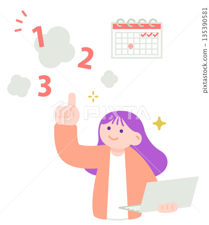 圖解：一位女士拿著筆記型電腦查看日程安排，考慮優先事項。 135390581