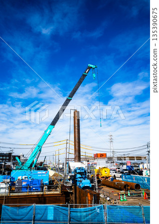 Bridge reconstruction work on the Shingashi River, Kawagoe City, December 2025, vertical, high saturation contrast 135390675