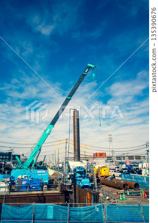 Bridge replacement work, Shingashi River, Kawagoe City, December 2025, vertical, warm and cool colors 135390676