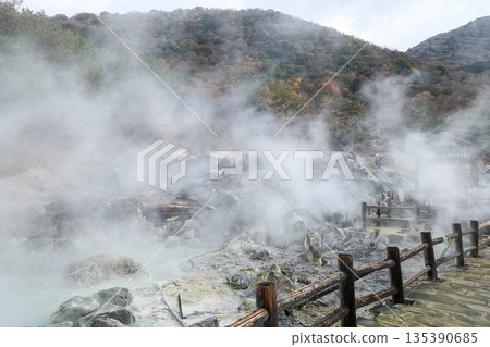 The smell of sulfur wafts through the air at Unzen Jigokudani, Oito Jigoku 135390685
