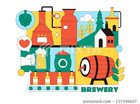 Brewery Production Process Vector Illustration Featuring Beer Tanks And Bottles Filled With Alcoholic Beverages for Fermentation on a Flat Background Brewery Production Process Vector Illustration Featuring Beer Tanks And Bottles Filled With Alcoholic Beverages for Fermentation on a Flat Background 135390687