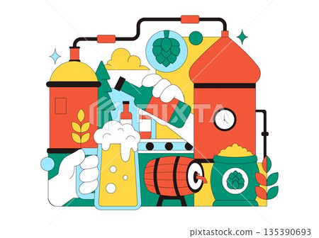 Brewery Production Process Vector Illustration Featuring Beer Tanks And Bottles Filled With Alcoholic Beverages for Fermentation on a Flat Background 135390693