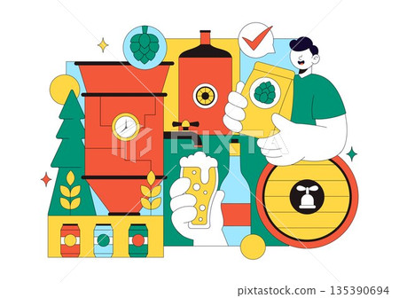 Brewery Production Process Vector Illustration Featuring Beer Tanks And Bottles Filled With Alcoholic Beverages for Fermentation on a Flat Background 135390694