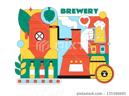 Brewery Production Process Vector Illustration Featuring Beer Tanks And Bottles Filled With Alcoholic Beverages for Fermentation on a Flat Background Brewery Production Process Vector Illustration Featuring Beer Tanks And Bottles Filled With Alcoholic Beverages for Fermentation on a Flat Background 135390695
