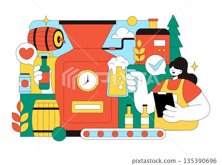 Brewery Production Process Vector Illustration Featuring Beer Tanks And Bottles Filled With Alcoholic Beverages for Fermentation on a Flat Background 135390696