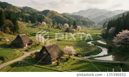日本鄉村景觀，稻田環繞 135390832