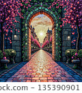 Enchanted archway path with blooming trees at sunset.  Stone archway adorned with colorful flowering vines, leading to a sunlit path lined with vibrant pink-blossomed trees, perhaps Cercis siliquastru 135390901