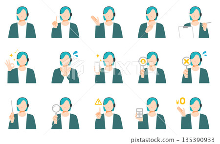 A set of facial expressions of a woman working in a call center wearing a headset for clients. Flat design. A set of facial expressions of a woman working in a call center wearing a headset for clients. Flat design. 135390933