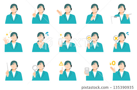 一組用於模擬顧客臉部表情的表情包，描繪的是一位在客服中心戴耳機工作的女性員工。扁平化設計。 135390935