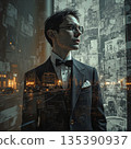 City gaze a double exposure portrait. Young man wearing a tuxedo and round glasses, facing to the right. 135390937