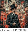 The observer a portrait in red and black. A man in a vintage-style suit and top hat stands against a collage backdrop with red and black tones.  135391008