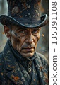 Intense gaze of a man in a textured top hat and coat.  A vintage, mystical image of a middle-aged man with a piercing gaze. 135391108