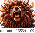 Majestic lion roaring with golden eyes and sculpted mane. An artistic rendering of a lion with a dynamic, flowing mane. 135391109