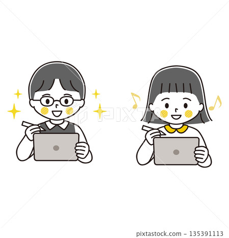 Exciting illustration set of a boy and girl studying on a tablet device with a pen tablet Exciting illustration set of a boy and girl studying on a tablet device with a pen tablet 135391113