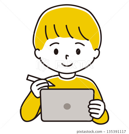 Illustration of a boy studying on a tablet with a pen tablet Illustration of a boy studying on a tablet with a pen tablet 135391117