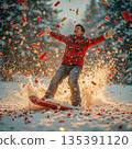 Ecstatic snowboarder amidst falling confetti in a winter wonderland.  A young man, wearing a festive red jacket, joyfully snowboards through a snowy landscape. 135391120