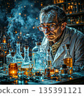 The alchemist's intense experiment. Mature man in a scientific lab intensely examines bubbling vials and flasks filled with colorful liquids.  135391121
