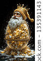 Golden santa's festive treasure sphere. A decorative object features a bust of Santa Claus wearing a lavish gold crown and hat, adorned with intricate details.  135391143