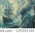 Colossal sea creature and sailing ship. A fantastical seascape featuring a massive sea creature with glowing yellow eyes. 135391144