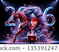Enchanted 2026 cosmic woman, horse, and glowing numbers. Surrounded by cosmic swirls, a surreal woman with vibrant, wavy blue hair and glowing red eyes is depicted alongside a stylized horse.  135391247