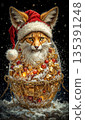 Festive fox in a magical christmas egg with golden presents.  A feline face is creatively blended with a fox's, wearing a Santa hat inside a transparent, ornate egg.  135391248