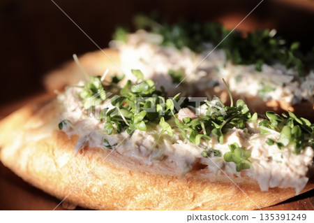 Tuna and Broccoli Sprout Tartine Baguette Open Sandwich Tuna and Broccoli Sprout Tartine Baguette Open Sandwich 135391249