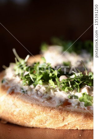 Tuna and Broccoli Sprout Tartine Baguette Open Sandwich Tuna and Broccoli Sprout Tartine Baguette Open Sandwich 135391250