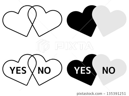 Monochrome double heart icon set (YES/NO included) YES/NO stamp with two overlapping hearts 135391251